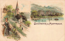 [-5%] SUISSE - Montreux - Souvenir - Lac - Eglise - Hôtel Lorius Pension - Barque - Aquarelle - Animé - Carte Postale An - Montreux