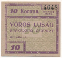 Budapest 1919. 10K "Vörös Ujság" Szükségpénz T:AU,XF Hajtatlan, Nagyobb Sarokhajlás Adamo BUC-300.5 - Unclassified