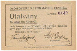 Diósgyőr 1919. 1K Utalvány "Diósgyőri Református Egyház" Hátoldala Felülbélyegzett "Diósgyőri Református Egyház Lelkészi - Unclassified