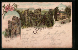 Lithographie Bastei /Sächsische Schweiz, Basteibrücke, Basteifelsen, Wald-Villa  - Bastei (sächs. Schweiz)