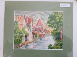 Boersch Alsace Gouache Lavoirs Non Signé Sous Passe Partout - Gouaches