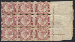 1870 ½d Rose Red Pl.6 Right Side Marginal Block Of Nine HV/JX, Full O.g With Usual Gum Creasing, Showing Marginal Inscri - Other & Unclassified