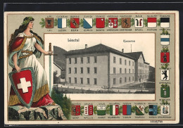 Präge-AK Liestal, Kaserne, Helvetia Mit Schwert Und Schild, Wappen Von Uri, Luzern Und Zürich, Passepartout - Liestal