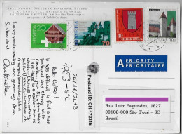 Switzerland 2013 Postcard Bellinzona Priority Label Münchwilen To Brazil 2 Commemorative Stamp Pro-Juventute Pro-Patria - Lettres & Documents