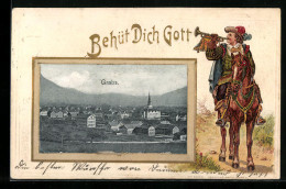 Passepartout-Lithographie Grabs, Ortsansicht, Trompeter Auf Einem Pferd, Behüt Dich Gott - Grabs