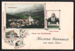 AK Escholzmatt, Schybi-Denkmal, Gasthaus Zur Krone, Buchdruckerei, Gesamtansicht - Escholzmatt