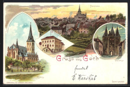 Lithographie Goch, Steinthor, Rathaus, Kirche - Goch