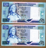 Delcampe - CYPRUS-  Last Pounds Banknotes Before Euro. 1, 5, 10 And 20 Pounds. All Uncirculated + Consecutive Serial Numbers - Cyprus