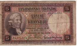 ICELAND  5 Kronur   P27  L. 15.04.1928   ( Jón Eiríksson   + Landsbanki  Building At Back ) - Islande