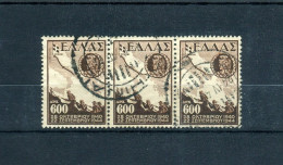 Greece- "Victory Issue" 600dr. Stamps UsH [signed] In Strip Of 3, Cancelled W/ "ATHINAI -24.4.1948" Type XXII Postmarks - Marcophilie - EMA (Empreintes Machines)