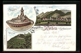 Lithographie Kelbra A. Kyffhäuser, Teilansicht, Rothenburg, Kaiser Wilhelm-Denkmal - Kyffhäuser