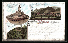 Lithographie Kelbra A. Kyffhäuser, Ortsansicht, Kaiser Wilhelm-Denkmal U. Rothenburg - Kyffhäuser