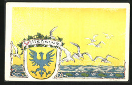 Künstler-AK Villeneuve, Möwen über Der See, Wappen - Villeneuve
