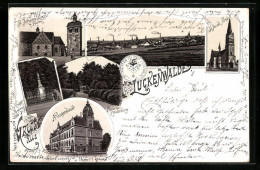 Lithographie Luckenwalde, Panorama Der Stadt, Stadtwappen, Johanniskirche, Postgebäude - Luckenwalde