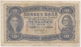 Delcampe - Norvégia 1943. 10K T:F, Tűzőgéplyuk Norway 1943. 10 Kroner C:F, Stapler Holes Krause P#8 - Ohne Zuordnung