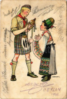 T3/T4 1933 Cserkész Művészlap. A Magyar Cserkészszövetség Kiadása / Hungarian Boy Scout Art Postcard S: Márton L. (gyűrő - Unclassified