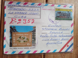 2 Reg Letter To Argentina From Cuba.ill.cover.2556 Train.1875 Coin*2.549.flower/xmas.e7rletter Late Posting April 22+ - Covers & Documents