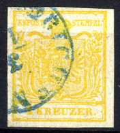 O 1850, "Blaustempel", 1 Kr. HPIII Kadmiumgelb Mit Blauem Teilstempel Von Richenburg, Zwei Kaum Wahrnehmbare Gummibüge R - Other & Unclassified