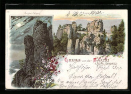 Lithographie Bastei, Panorama Mit Felsen & Bastei-Brücke In Der Sächsischen Schweiz - Bastei (sächs. Schweiz)