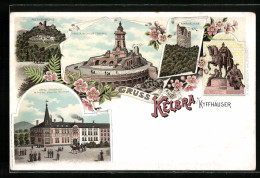 Lithographie Kelbra A. Kyffhäuser, Hotel Kaiserhof, Rothenburg, Kaiser-Wilhelm-Denkmal - Kyffhäuser