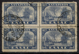 Greece-"Navarino" 4dr. UsH Block Of 4, Cancelled W/ "THESSALONIKI~SYSTIMENA [Registered] -7.12.1928" XX Railway Postmark - Marcophilie - EMA (Empreintes Machines)
