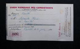 Delcampe - Cotisation De L'année 1930, Militaria, Union Nationale Des Combattants Section De Rouillé, Vienne, Frais Fr 1.95 E - Non Classés