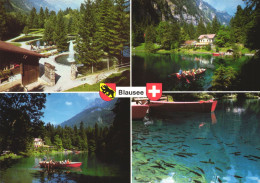 KANDERGRUND, BLAUSEE, BLUE LAKE, FOUNTAIN, PARK, EMBLEM, BOAT, MOUNTAIN, FISH, LANDSCAPE, POSTCARD, SWITZERLAND - Kandergrund