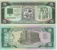 LIBERIA  5 Dollars   P20  Dated  1991  (Arms, Rubber Plantation, & National Bank Building  At Back) - Liberia