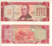 LIBERIA  5 Dollars   P21a  Dated  1999  (President Edward James Roye & Rice Harvest At Back )  UNC - Liberia