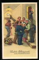AK Männer Beim Kegeln, Im Hintergrund Kellner An Der Treppe, Geburtstagsgruss - Bowling