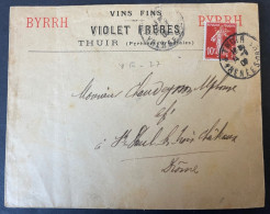 Semeuse Perforé VF 27 Sur Lettre 1909 A En Tete Violet Frères Thuir Enveloppe BYRRH - Covers & Documents