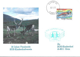 SOS CHILDREN'S VILLAGE, REINDEER, OLYMPIC GAMES BARCELONA, 1992, COVER FDC,ESPOO, FINLAND - Briefe U. Dokumente