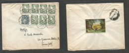Latvia. 1936 (16 Jan) Riga - Italy, Torino (20 Jan) Multifkd Env, Incl Block Of Six, Tied Cds, Reverse Color Tourist Lab - Latvia