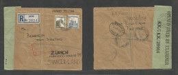 Palestine. 1944 (11 May) Safad - Switzerland, Zurich (4 June 44) Via Haifa - Turkey, Istambul (27-28 May) Registered Mul - Palestine