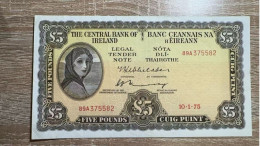 Ireland，5 Pounds，1975，pick 65c，GVF Condition - Ireland