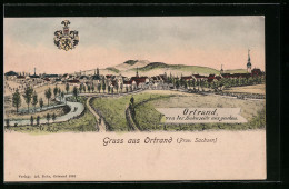 Lithographie Ortrand, Totalansicht Der Ortschaft, Wappen - Ortrand