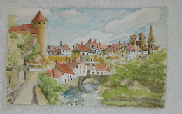 Aquarelle Sur Papier Semur En Auxois Cote D'Or 1972 Non Signé - Acquarelli