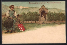 Lithographie Stans, Unterwaldnerin In Tracht Vor Dem Winkelrieddenkmal, Wappen - Stans