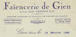 1930 ENTETE FAIENCERIE DE GIEN ANC. SOCIETE GEOFFROY  Gien Loiret Pour Guy St Maixent Deux Sèvres V.HISTORIQUE - 1900 – 1949