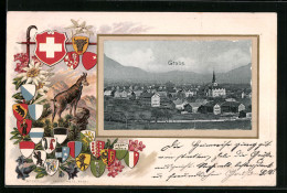 Präge-AK Grabs, Ortsansicht Und Kantonswappen - Grabs
