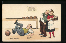AK Gut Holz, Gestürzter Kegler, Kegelbruder Beim Schäkern Mit Kellnerin - Bowling