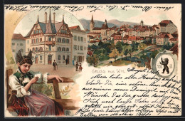 Lithographie Wil, Gasthaus Zur Rose, FRau In Tracht Liest Einen Brief, Stadtwappen - Wil