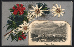 Präge-AK Viège-Visp, Teilansicht Mit Bergen, Alpenblumen, Passepartout - Viège