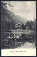 AK Kandergrund, Blick Auf Die Pension Blausee, Leute Im Ruderboot - Kandergrund