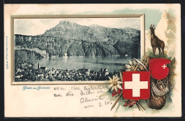 Passepartout-Lithographie Gersau, Ortspanorama, Wappen, Gemse, Edelweiss - Gersau