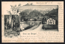 AK Bönigen, Strassenpartie Am See Mit Bergen, Wasserfall - Bönigen
