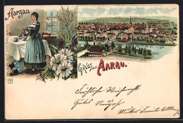 Lithographie Aarau, Ortsansicht Aus Der Vogelschau, Frau In Tracht - Aarau