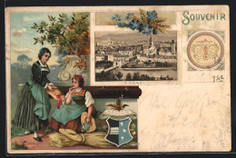 Lithographie Aarau, Kakao Suchard, Ortsansicht, Damen In Kleidern Mit Hut - Aarau
