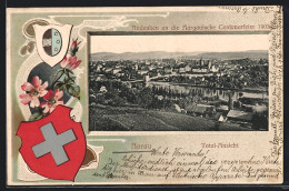 Passepartout-Lithographie Aarau, Totalansicht, Wappen, Schweizerkreuz - Aarau