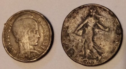 2 MONNAIES FAUSSES D'EPOQUE EN ETAIN 5 FRANCS BAZOR 1933 ET 2 FRANCS SEMEUSE 1898 - Specimen